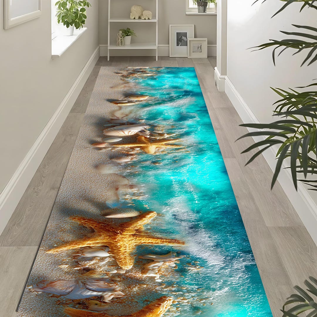 Beach Rug Shell Shape Beach Starfish Runner Rug: Turquoise Blue Waves Design, Sandy Shell ...