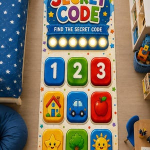 Può includere: Un tappetino rettangolare con un arcobaleno colorato nella parte superiore con il testo My First SECRET CODE e FIND THE SECRET CODE. Include una fila di sei cerchi illuminati sopra nove pulsanti quadrati che mostrano numeri, una casa, un'auto, una mela, una stella, un albero e un sole, con il testo CAN YOU FIND THE CODE in basso.
