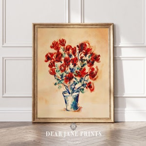 May include: A painting of a bouquet of red flowers in a blue vase. The flowers are painted in a loose, impressionistic style. The background is a light yellow.