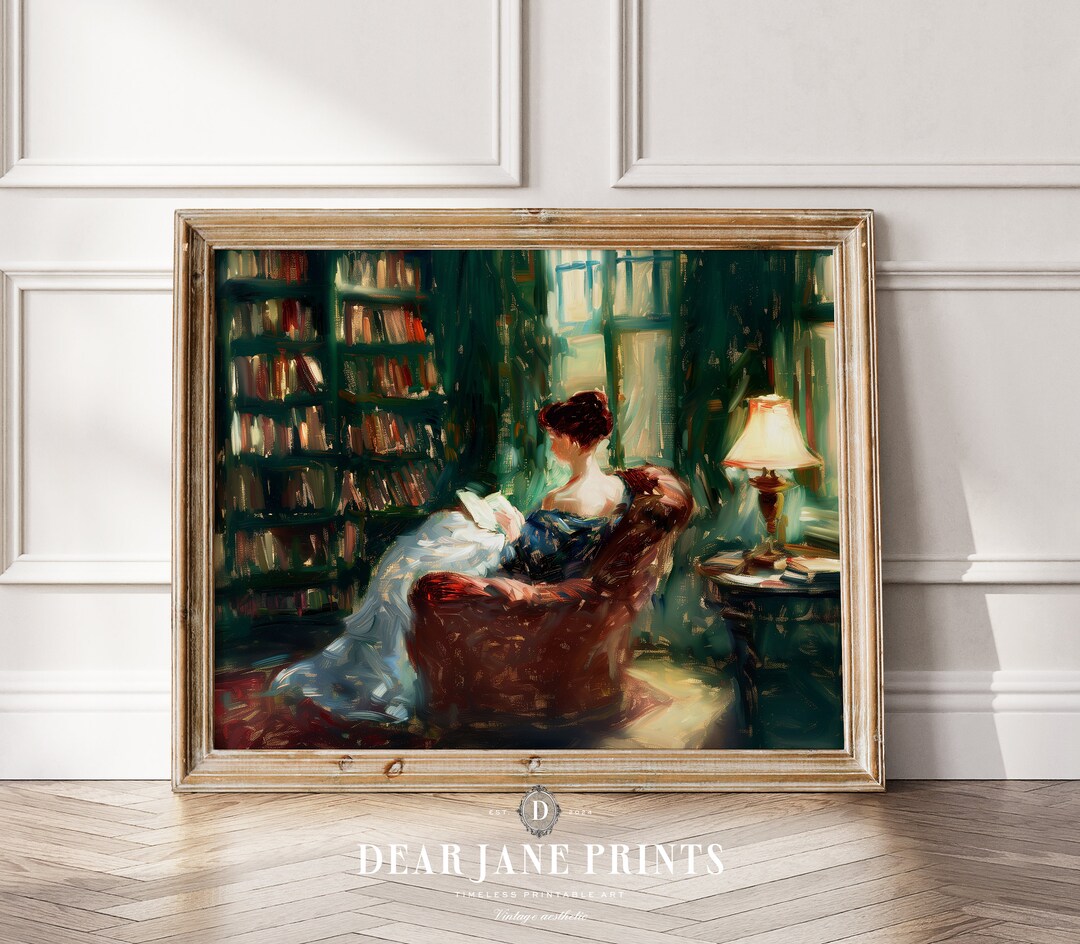 Vintage Library | Elegant Woman Reading | Wall Art Painting | Office ...