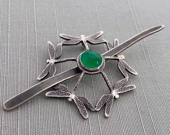 Sterling Silver Dragonfly Shawl Pin/Brooch and Pendant with Rose Cut Green Onyx Cabochon