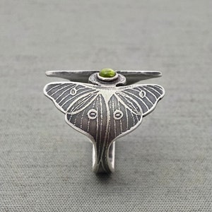 Sterling Silver Luna Moth and Peridot Ring. Actias Luna Ring
