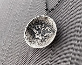 Textured Sterling Silver Eastern Tiger Swallowtail  Butterfly Saucer  Necklace
