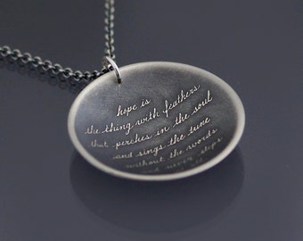 Sterling Silver Emily Dickinson Necklace, oxidized saucer necklace, hope is the thing with feathers quote pendant
