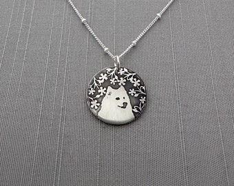 Sterling Silver Samoyed with Blossoms Necklace