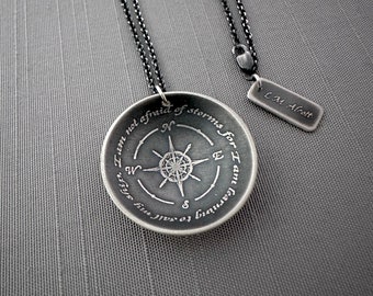 Sterling Silver Compass Necklace: Louisa May Alcott Quote Pendant