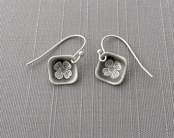 Tiny Sterling Silver Diamond-shaped Dogwood Blossom Earrings