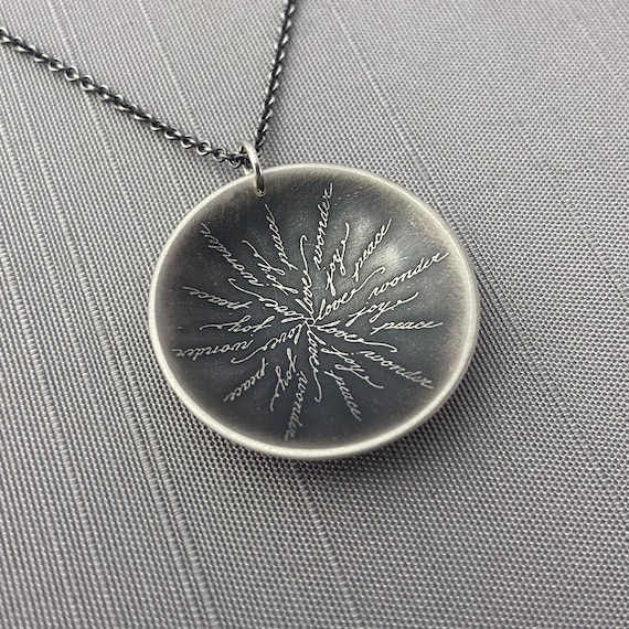 Sterling Silver Calligraphy Snowflake Necklace, Love Joy Peace Wonder