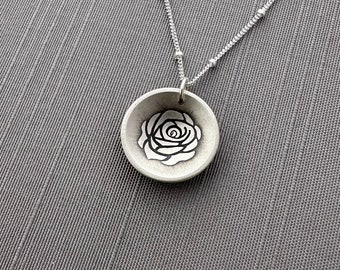 Small Sterling Silver Saucer Rose Necklace