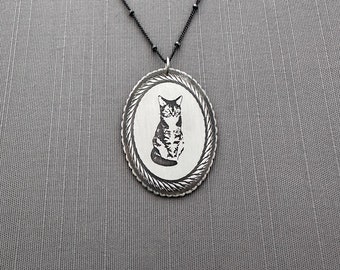 Sterling Silver Tabby Cat Portrait Necklace