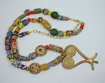 Price reduced.  Statement Necklace with Ghana Brass Adinkra Pendant called Sanofa with Ghana Openwork Brass Bead and Ghana Krobo Beads