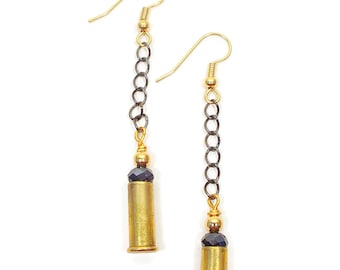 Bullet Dangle Earrings with Gunmetal Chain and 22 caliber casings