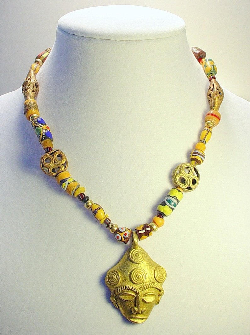 Necklace With Ghana Brass Mask Pendant and Ghana Krobo Glass - Etsy