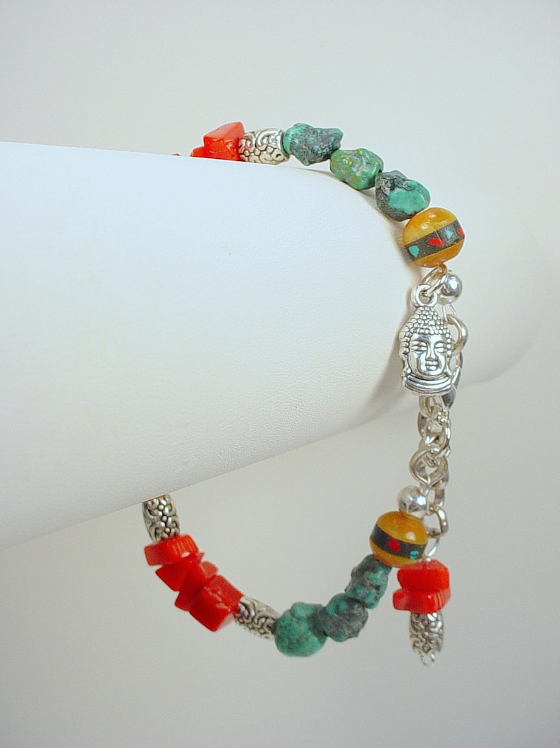 Tibetan Style Bracelet With Buddha Charm Coral Turquoise Etsy