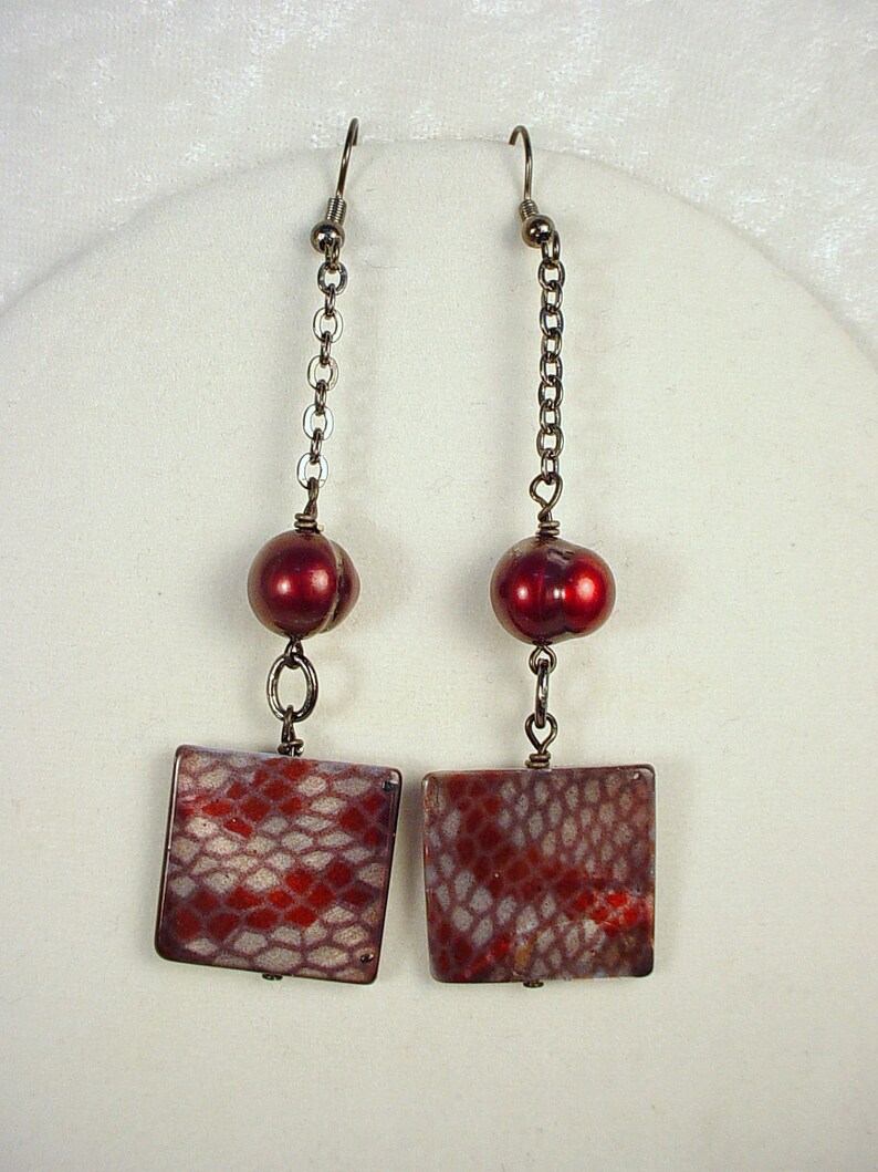Pendant Earrings with Freshwater and Mother of Pearl on Gunmetal Chain image 1