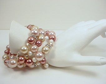 Memory Wire Bracelet with Mauve and White Glass Pearls, Rhinestones and Faceted Crystal Beads