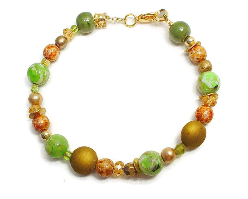 Bracelet with Crystal, Glass, Ceramic and Metal Beads in Tones of Green, Gold, and Brown with Magnetic Clasps image 2