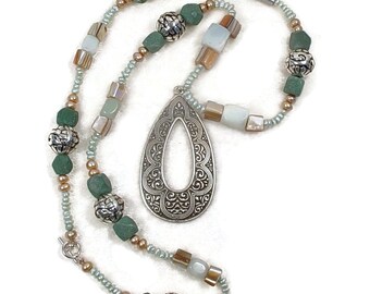 Gemstone Necklace with Large Teardrop Pendant and Freshwater Pearls