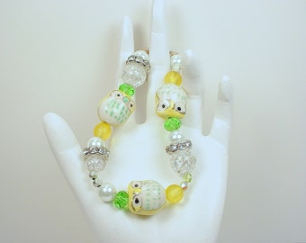 Owl Bracelet with Crystal, Glass, Rhinestone and Metal Beads in Tones of Green, Yellow and Silver  with Magnetic Clasps