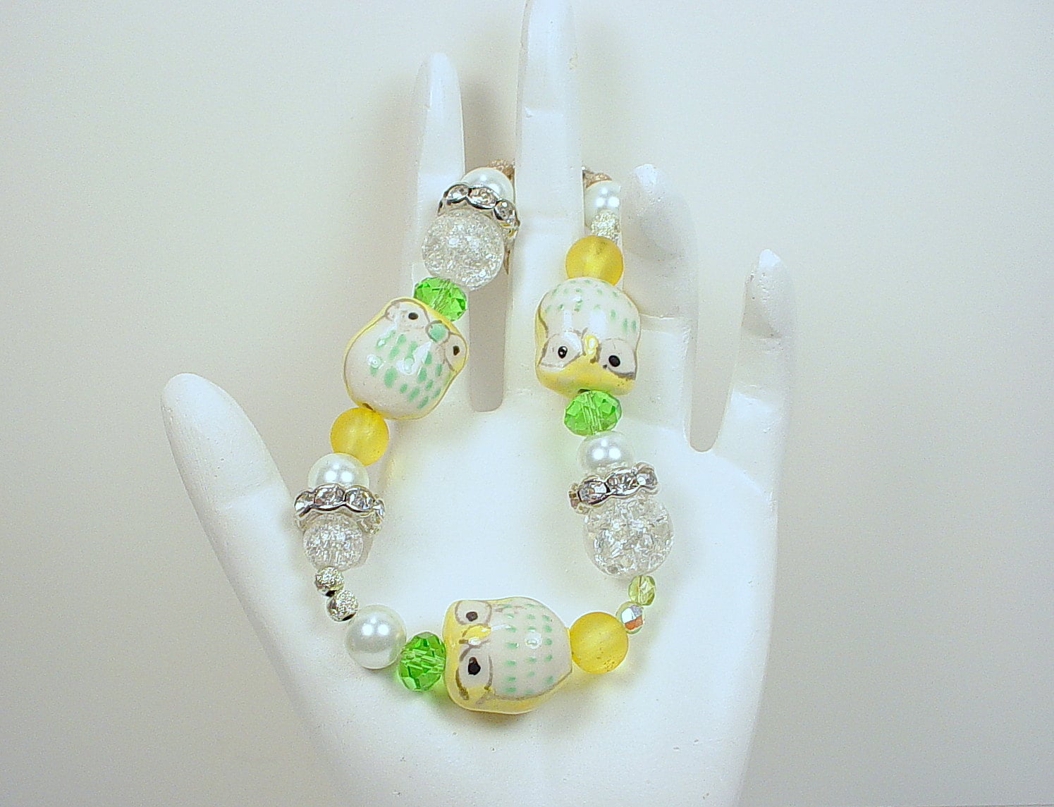 Owl Bracelet with Crystal, Glass, Rhinestone and Metal Beads in Tones of Green, Yellow and Silver  w