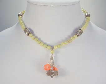 Bee Necklace-Choker-style with Coral, Freshwater Pearl, Peridot Jasper, Sterling Silver and Hill Tribe Bee