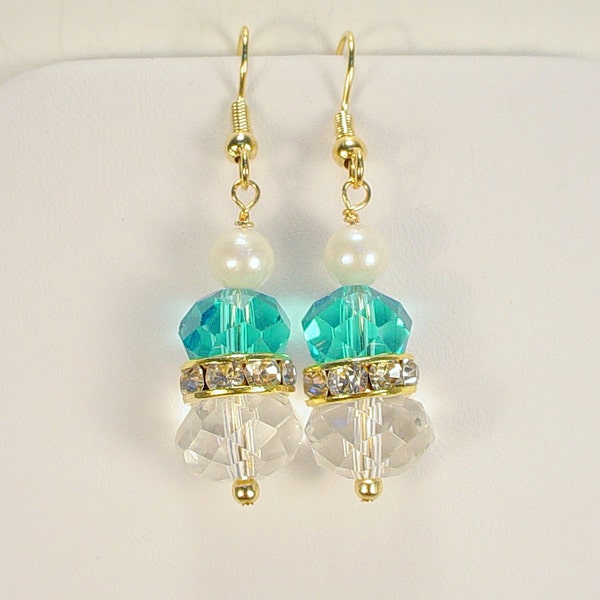 Rhinestone, Teal and Clear Crystal and Freshwater Pearl Dangle Earrings