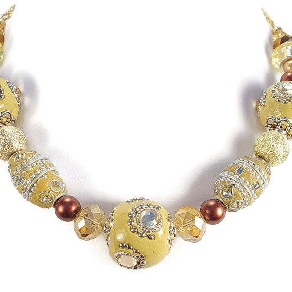 Choker Necklace with, Sparkly Crystal, Rhinestone, Earthy Colors of Beige, Brown, Silver, Gold