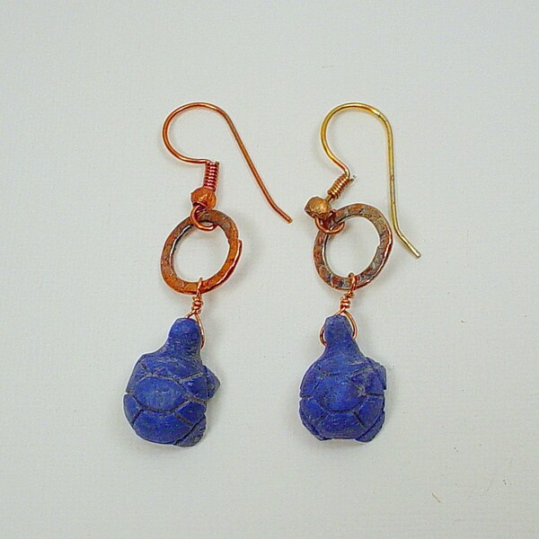 Earrings with Afghan Handmade Turtle Beads of Lapis Lazuli on Gold Washed Torched Copper French Wires