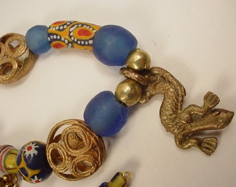 Unavailable. Statement Necklace with Ghana Brass Lizard Pendant, Baule Openwork Brass Disk Beads and Ghana Krobo Glass Beads