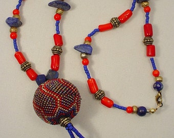 Necklace-Nepalese Beaded Ball, Coral and Lapis Lazuli