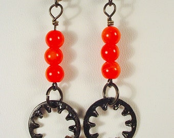 Hardware Chic Red Coral Pendant Earrings with  Gunmetal Ear Wires