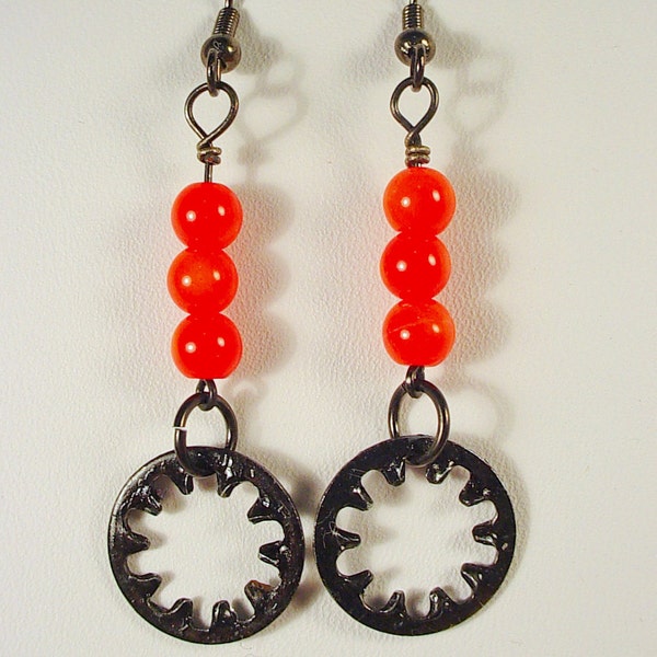 Hardware Chic Red Coral Pendant Earrings with  Gunmetal Ear Wires