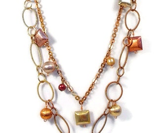 Multistrand Necklace with Gold Washed Torched Copper and Freshwater Pearl