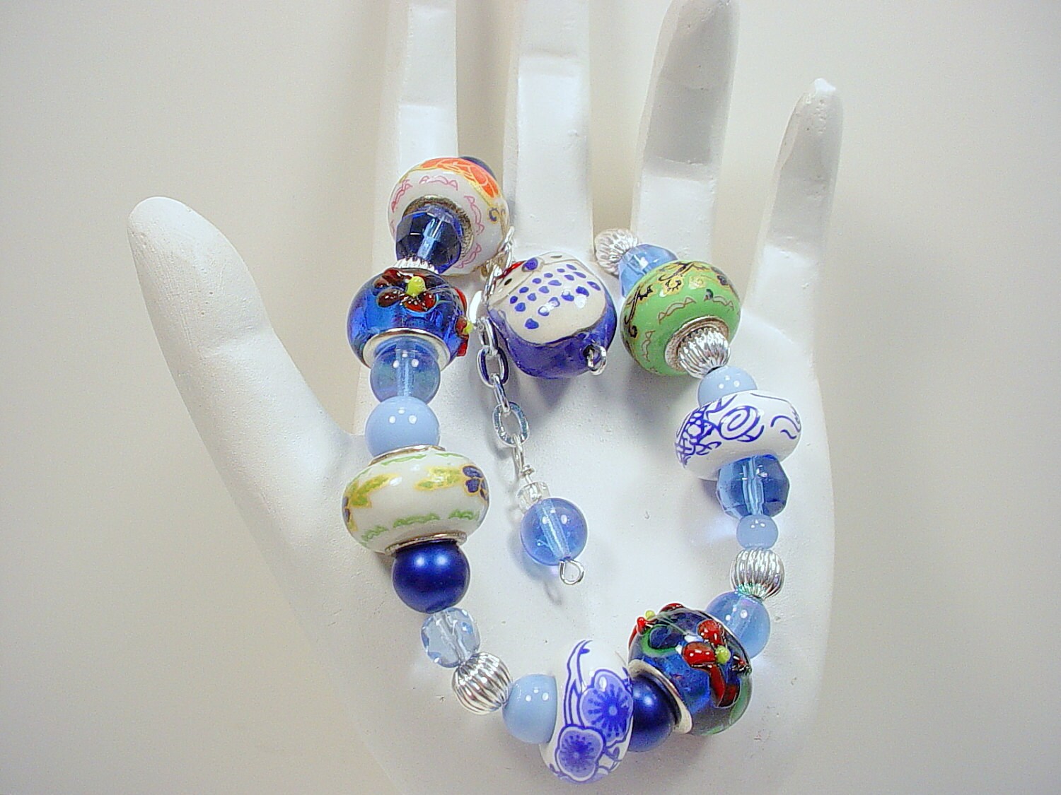 Bracelet with Owl Charm and Crystal, Glass Pearl, Lampwork and Metal Beads in Blue and Silver with G