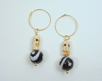 Gold Fill Hoop Earrings with Skull Beads and Black and White Eye Beads