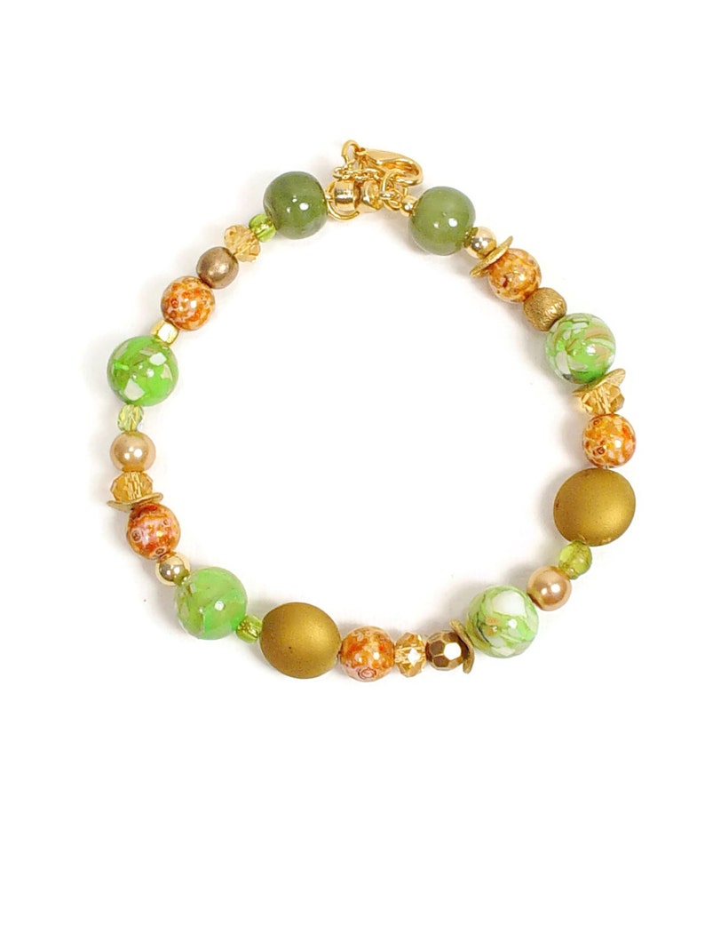 Bracelet with Crystal, Glass, Ceramic and Metal Beads in Tones of Green, Gold, and Brown with Magnetic Clasps image 4