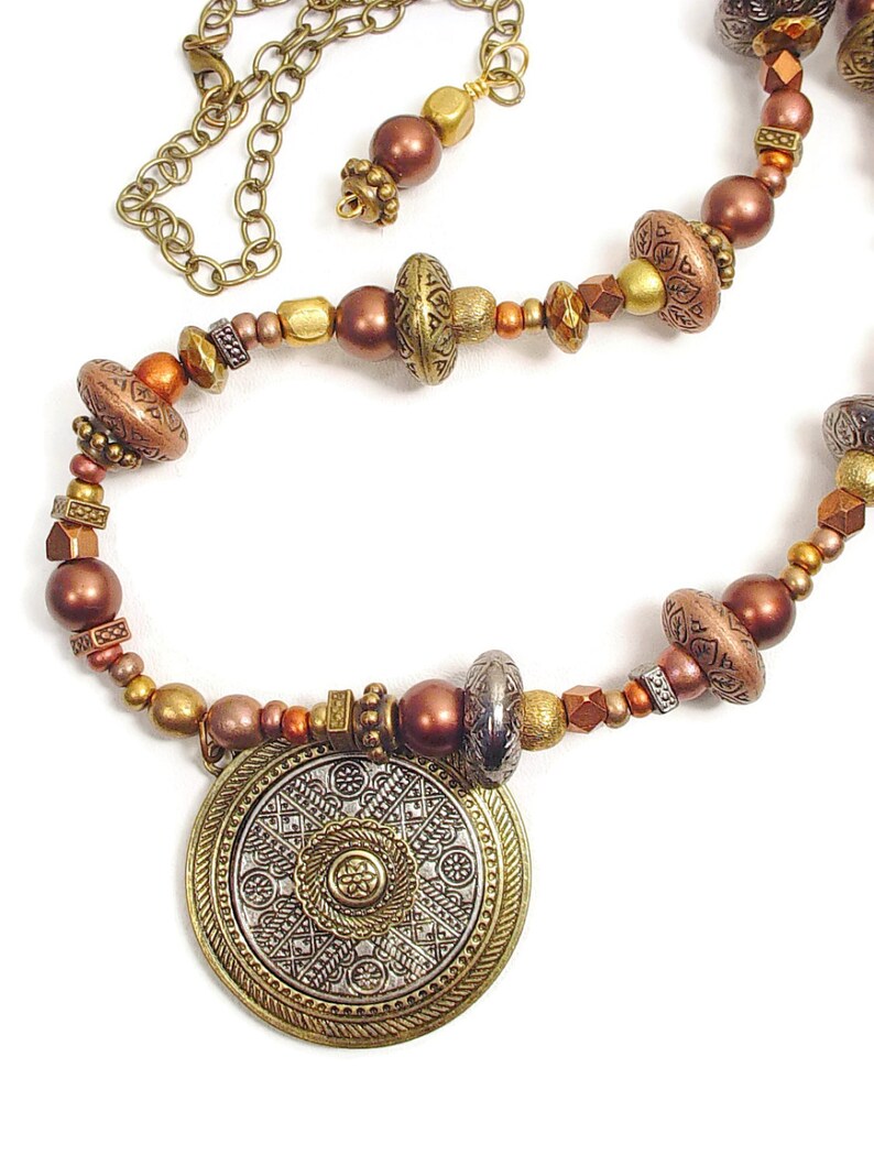 SOLD. Necklace with Gold and Silver Colored Metal Circular Pendant and Patterned Metal Beads and Antiqued Bronze Colored Chain image 3