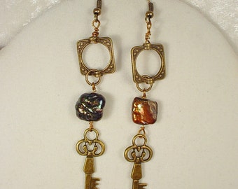 Antiqued Bronze Earrings with Key and Freshwater Pearl and Open Squares