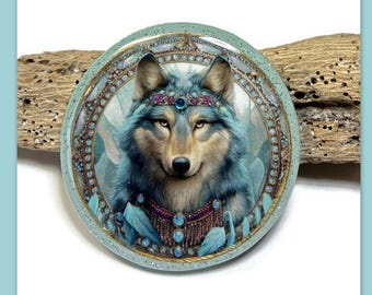 Wolf Polymer Clay Round Spirit Animal Necklace Pendant Bead Embroidery cab