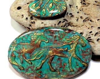 Stampeding Horses Polymer Clay Copper Cabochon Bead Embroidery Pendant Jewelry Component