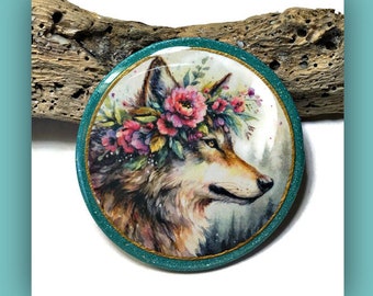 Floral Wolf Polymer Clay Round Spirit Animal Necklace Pendant Bead Embroidery Supplies