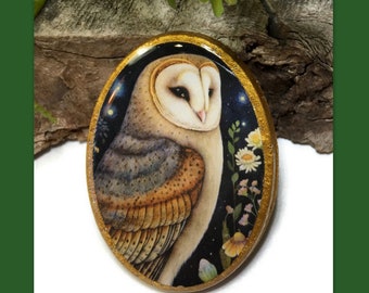 Night Owl Spirit Animal Oval Necklace Polymer Clay Totem Pendant Bead Embroidery