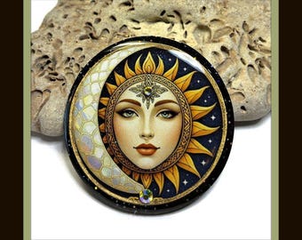 Moon and Sun Celestial Goddess Pendant Bead Embroidery Polymer Clay