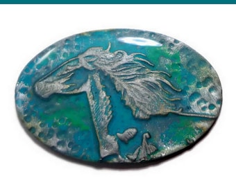 Silver Horse Cabochon Bead Embroidery Pendant Polymer Clay Jewelry Making 50mm oval