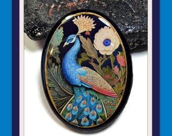 Peacock Oval Necklace Polymer Clay Teal Pendant Bird Bead Embroidery 40mm x 30mm