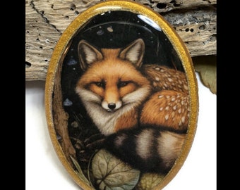 Midnight Fox Spirit Animal Oval Necklace Polymer Clay Totem Pendant Cabochon