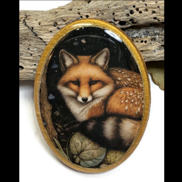 Midnight Fox Spirit Animal Oval Necklace Polymer Clay Totem Pendant Cabochon