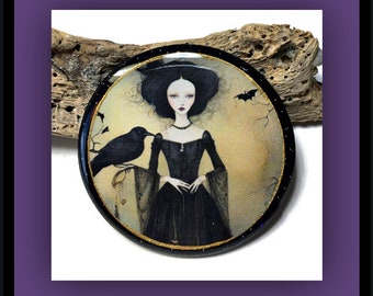 Raven Lady Polymer Clay and Resin Round Pendant Bead Embroidery Components