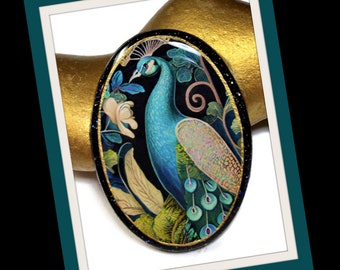 Peacock Oval Necklace Polymer Clay Teal Pendant Bird Bead Embroidery 40mm x 30mm