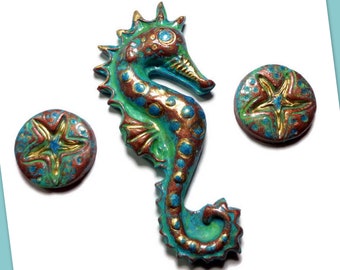 Seahorse Cabochon Set Polymer clay Pendant Handmade Artisan, Beading, MTO  Jewelry Component